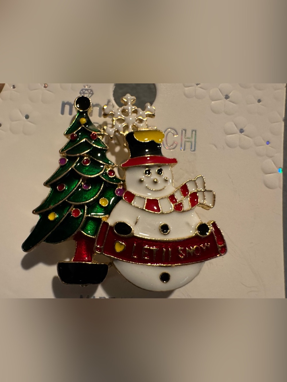 Festive Snowman & Christmas Tree Brooch - Picture 3 of 4